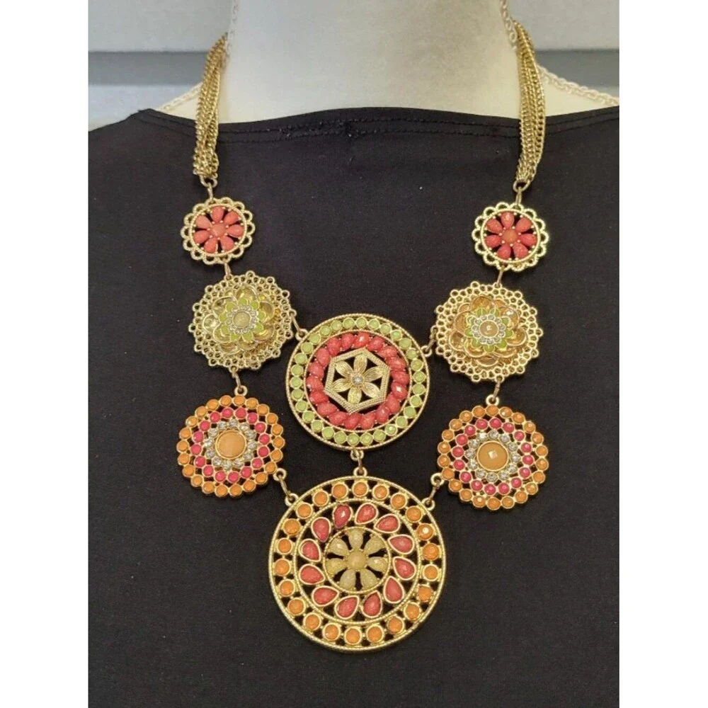 Vintage Mexican Bib Cascade Beaded Pendant Chain Necklace Orange Gold Green Red